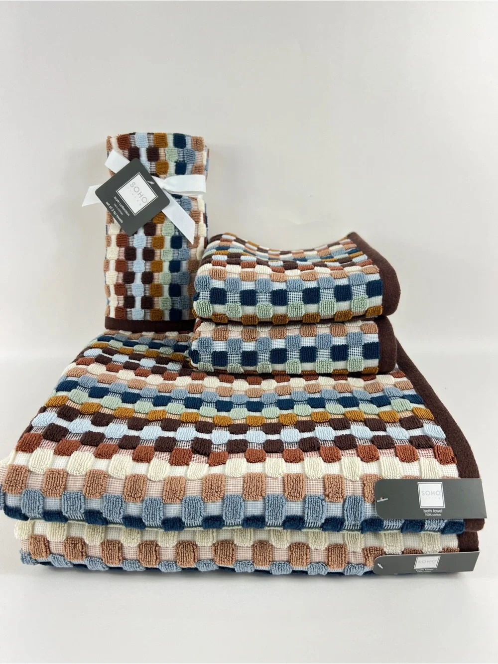 Share Soho Living Bath Towel Set Brown Blue Green Dotted Stripe Soft Cotton 6 Pc